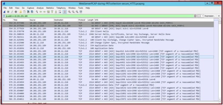 La captura de Wireshark en el servidor Web muestra que las transacciones del archivo PRT se realizaron de forma segura.