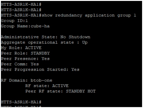 CUBE-1的“show redundancy application group 1”命令输出。