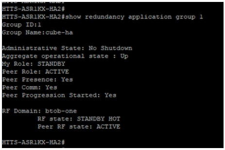 Saída do comando 'show redundancy application group 1' do CUBE-2.