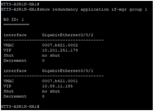 CUBE-1의 'show redundancy application if-mgr group 1' 명령 출력입니다.