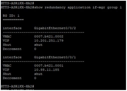 Resultado do comando 'show redundancy application if-mgr group 1' do CUBE-2.