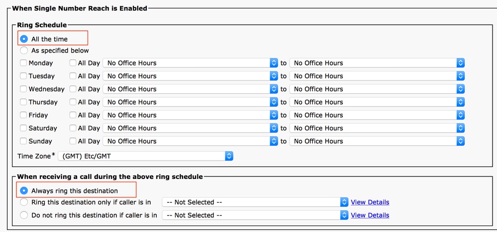 Ring Schedule Options for Single Number Reach Configuration