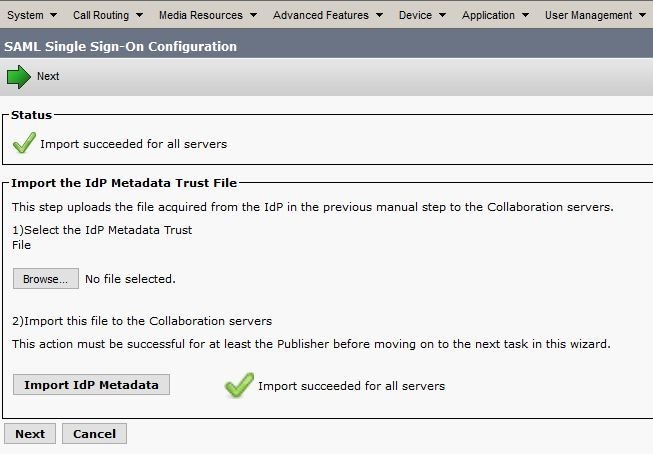 SSO with CUCM and AD FS - Import IdP Metadata - Import Succeeded