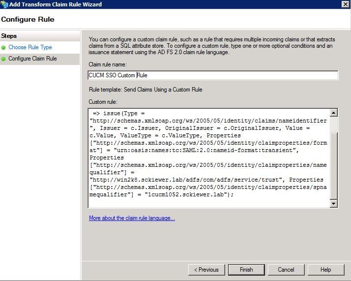 SSO with CUCM and AD FS - Configure Rule - Define Custom Rule