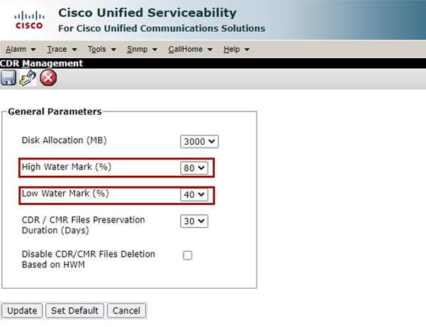 CDR Management Modify General Parameters画面