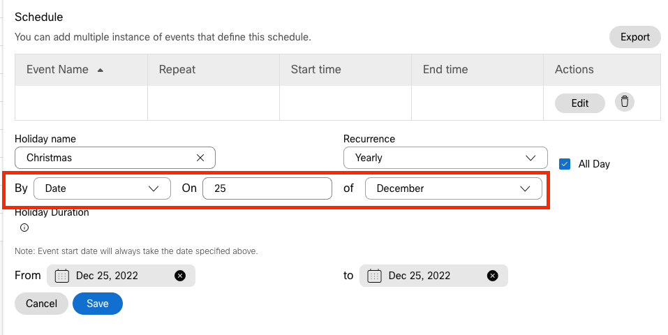 Create Holiday Schedule for Christmas