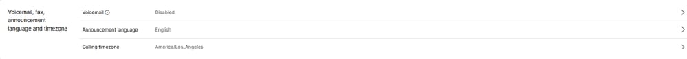 Voicemail, Fax, Announcement Language and Timezone