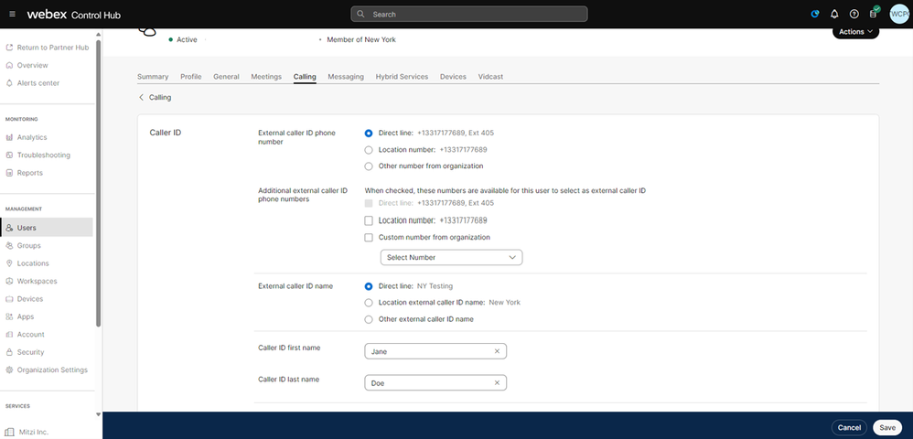 sección Configuración de ID de llamada