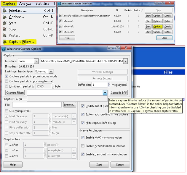 Options de menu Wireshark