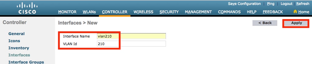 WLC configuration GUI interfaces