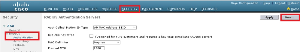 Radius Authentication page on the WLC