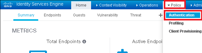 ISE policy authentication menu