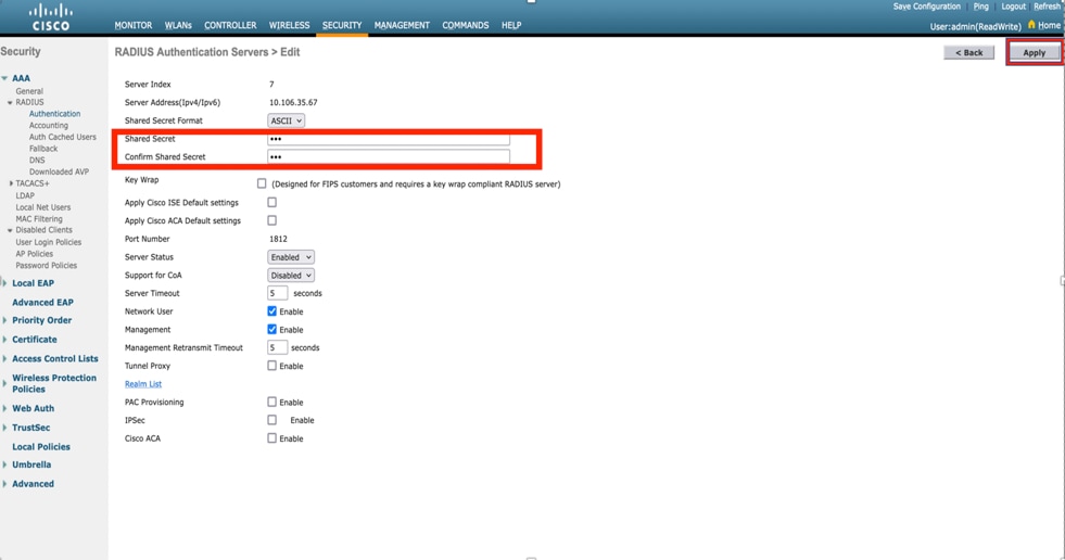 Wireless LAN Controller - Enter Shared IP Address and Shared Password