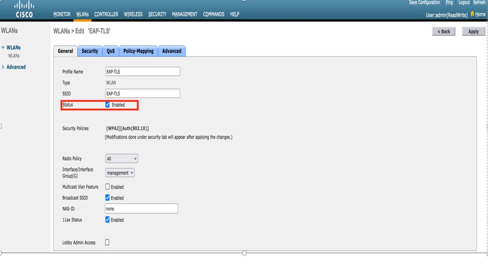 Wireless LAN Controller - Ensure the Status is Enabled