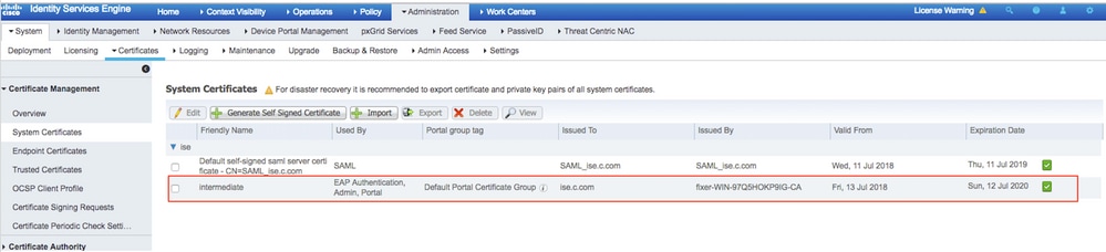 System Certificates on ISE