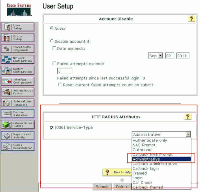 Impostazioni attributi RADIUS ETF