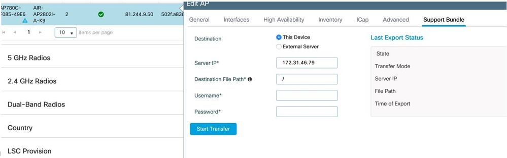 Configure AP support bundle upload details