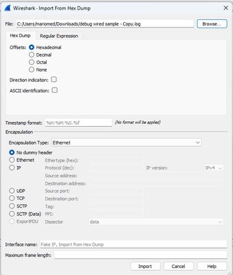 Boîte de dialogue Importation Wireshark