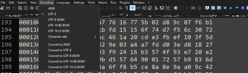 Options du menu Notepad++ encoding.