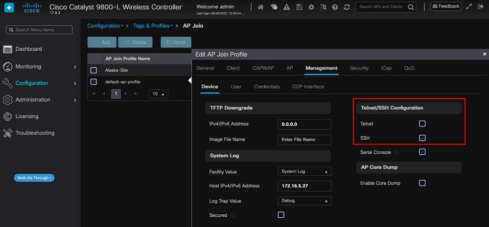 Abilitazione dell'accesso Telnet/SSH sul profilo di join AP