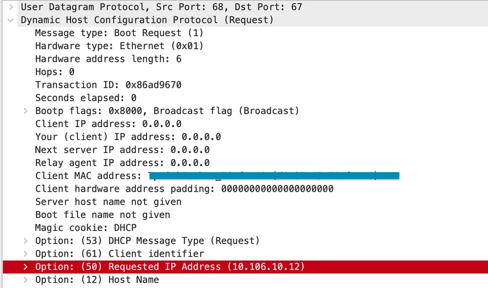 Opzione DHCP 50 sull'acquisizione del pacchetto WLC