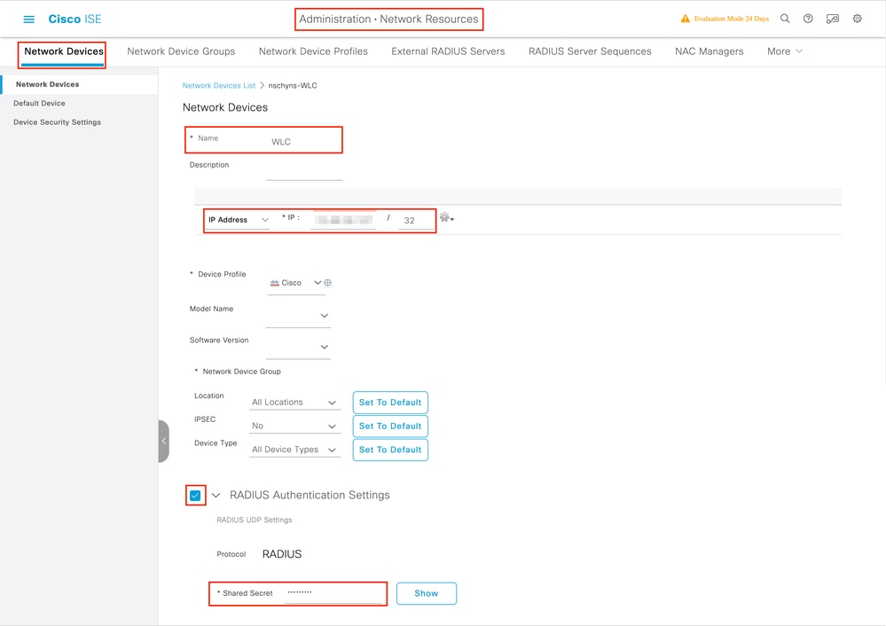 Configuración del dispositivo de red en ISE