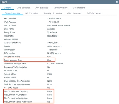 Confirm the Policy Manager State and the FlexConnect Parameters