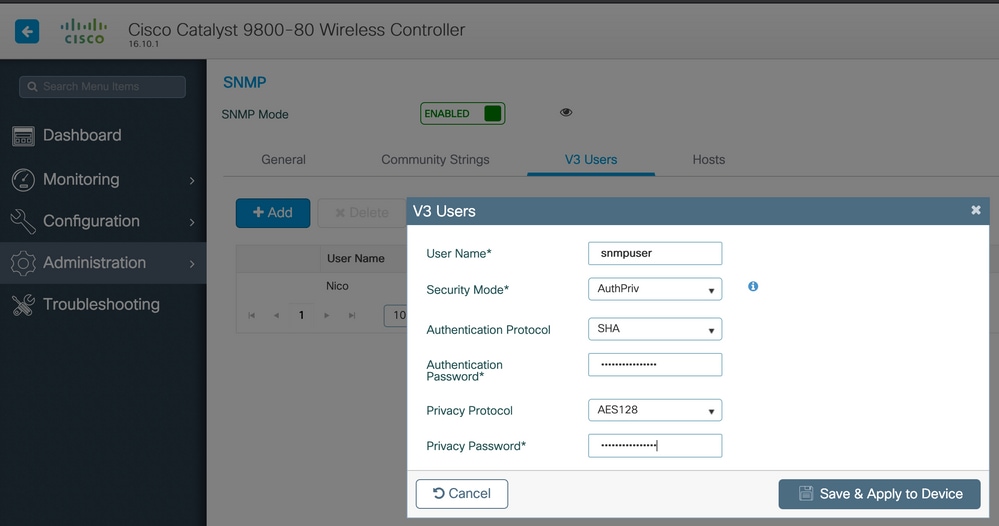 Enter SNMPv3 User Details