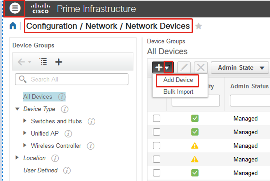 Adición de un dispositivo en Prime Infrastructure