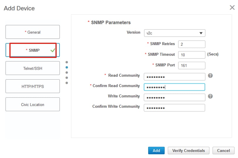 デバイスの追加：SNMP設定