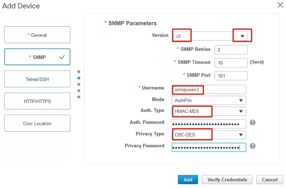 SNMPv3の詳細の入力