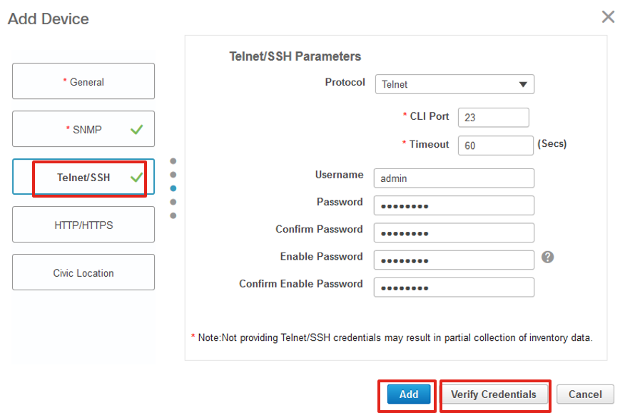 Agregar credenciales de Telnet/SSH del dispositivo