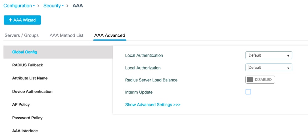 Configuración de los parámetros avanzados AAA