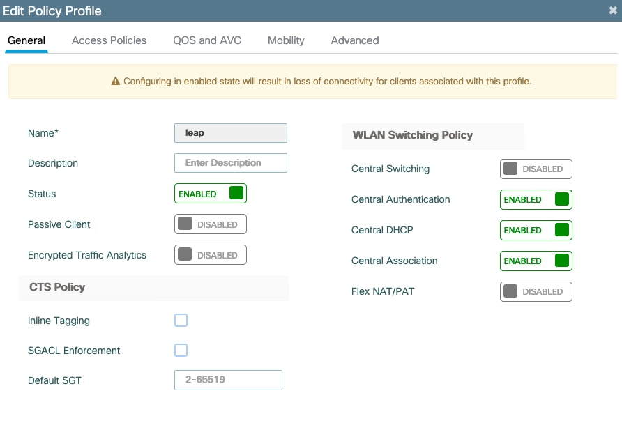 Configurazione del profilo di policy