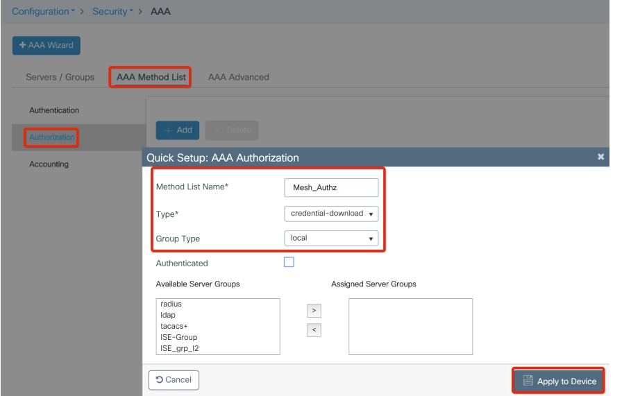 Configuración de autorización AAA