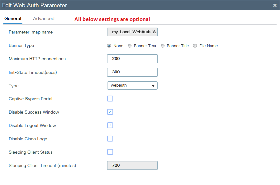 Web auth parameter map specificaiton