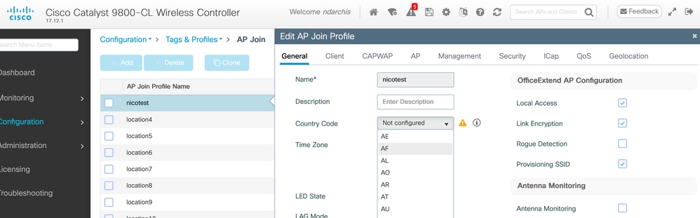 Selecteer de juiste landcode voor de AP's in elke AP Join Profile