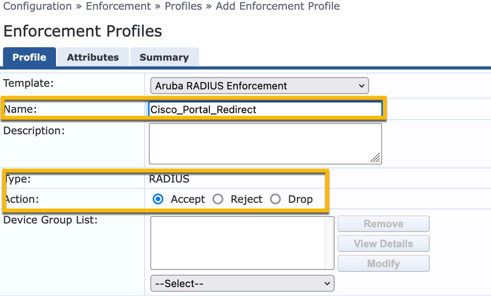 Perfil de aplicación de redirección de ClearPass