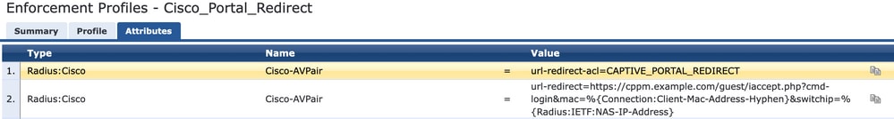 ClearPass Redirect Profile Attributes