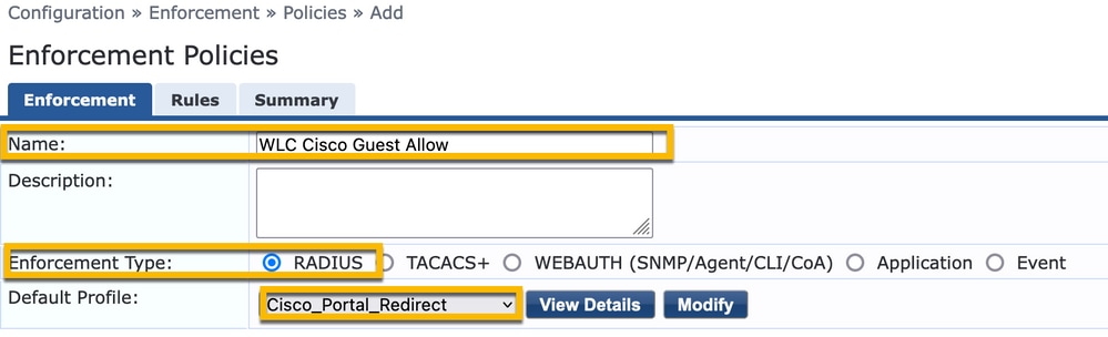 cppm_policy_wlcciscoguest_summaryを設定します。