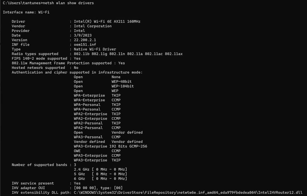 Resultado de Windows de _netsh wlan show driver_ para el cliente AX211