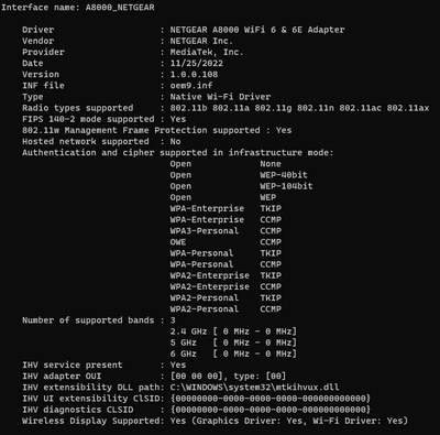 Resultado de Windows de _netsh wlan show driver_ para el cliente Netgear A8000s