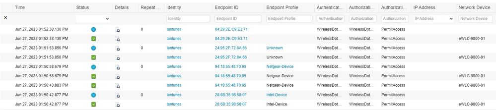 WPA3 Empresa 802.1x-SHA256 + FT 
 Registros ativos do ISE