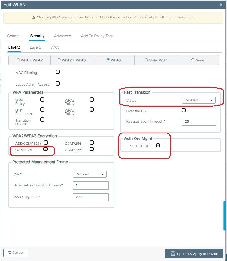 Configuración de seguridad WPA3 Enterprise GCMP128 SUITEB192-1X