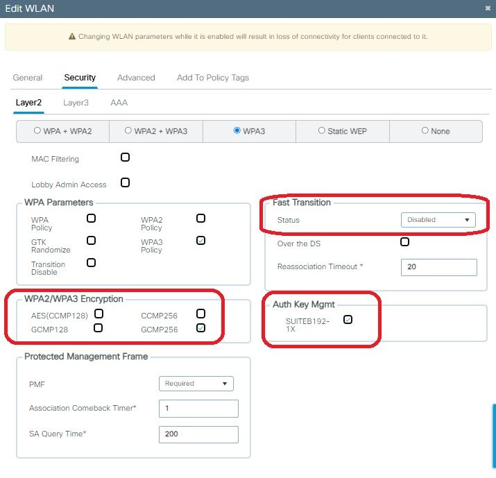 Configuración de seguridad WPA3 Enterprise GCMP256 SUITEB192-1x