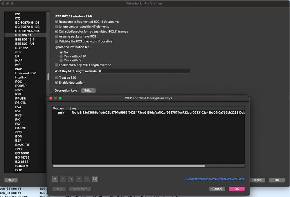 Clé de décodage ajoutée aux préférences Wireshark.