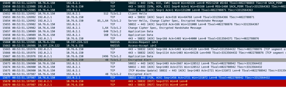 RADIUS 패킷을 사용하는 TCP 흐름