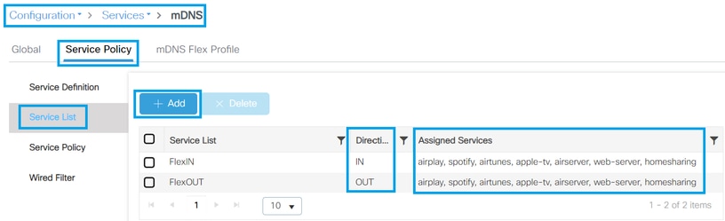 Sélectionnez les services requis dans la liste des services