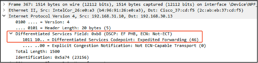 PC filaire envoyant un paquet avec la balise DSCP 46