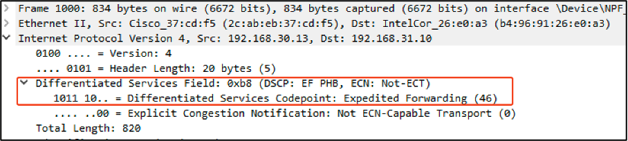 Le PC filaire a reçu le paquet avec DSCP 46